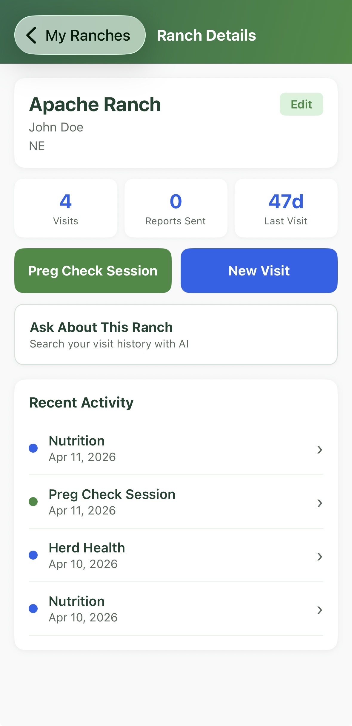 VetLens — ranch detail screen with KPIs, preg-check actions, and AI search